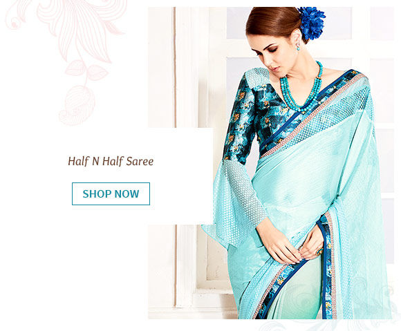Half N Half Chiffon and Georgette Saree in Blue Ombre. Buy Now!