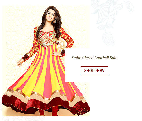 Embroidered Georgette Anarkali Suit in Ochre and Old Rose. Buy Now!
