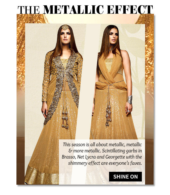 Stunning outfits in Brasso, Net Lycra and Georgette fabrics. Buy Now!