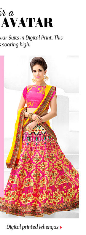 An inspiring array of Lehenga Cholis in Digital Print. Buy Now!