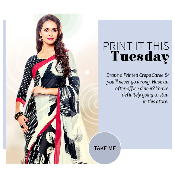 Our lovely array of Printed Crepe Sarees. Buy Now!