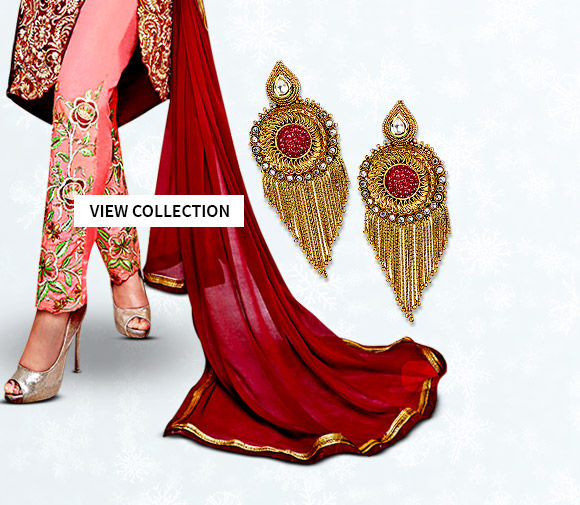 Jacket style Suits or Chiffon Sarees with attractive Earrings for lady friends in $50-100. Shop!