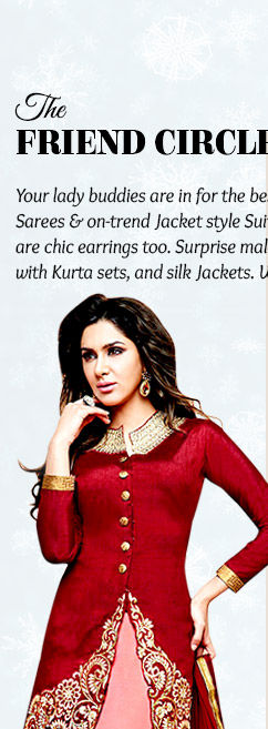 Jacket style Suits or Chiffon Sarees with attractive Earrings for lady friends in $50-100. Shop!