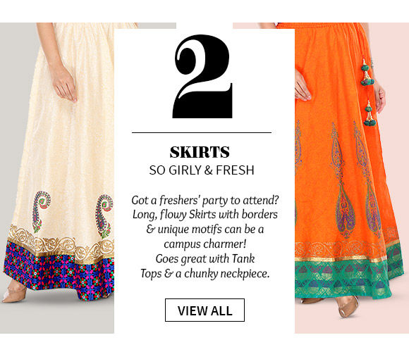 Smart Long Skirts with borders & Indian motifs for the Campus. Shop!
