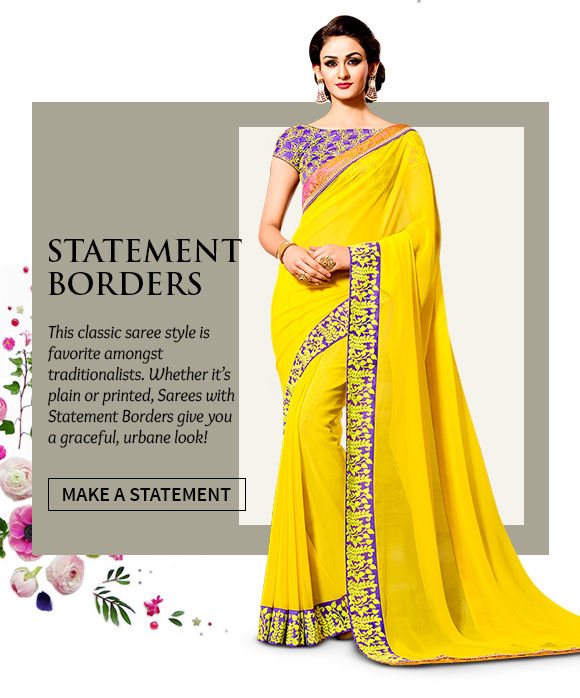 A gorgeous array of Sarees with Statement Borders. Buy Now!