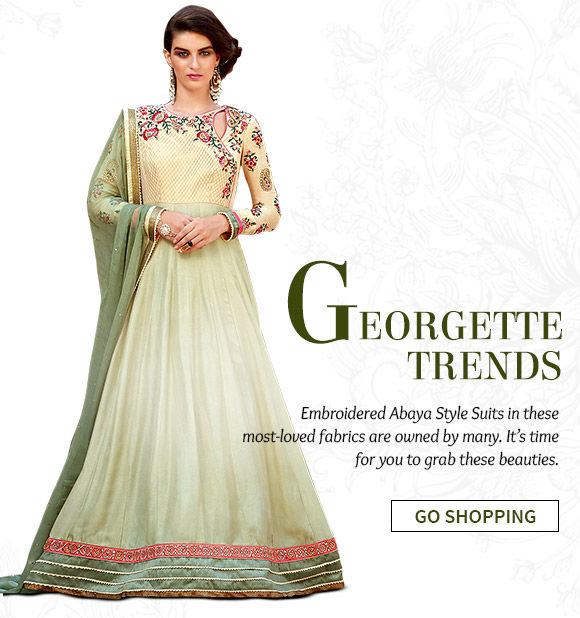 Take a look at our wide range of Embroidered Abaya Style Suits, Pakistani Suits & more in Georgette & Art Silk. Buy Now!