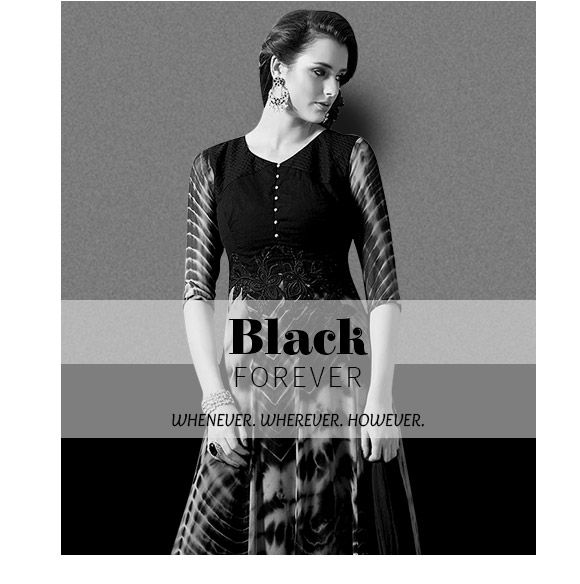 Black collection of Patchwork Sarees, Anarkalis, Tunics, Lehengas & more. Shop!