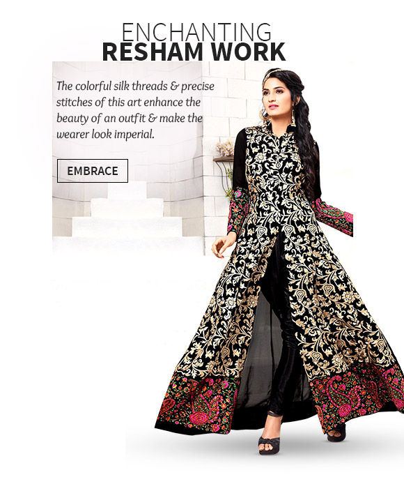 A wide array of Sarees, Salwar Suits, Lehenga Cholis, Bags & more with Resham Embroidery. Buy Now!