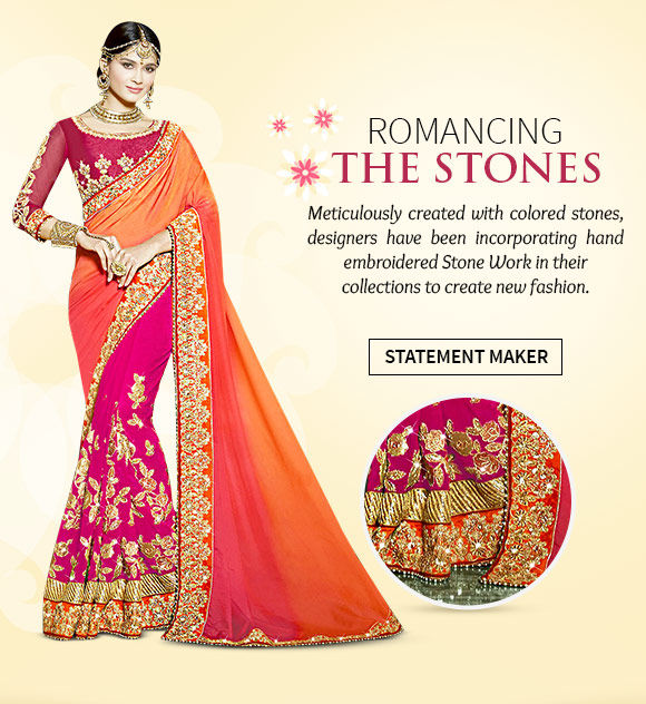 Choose from our wide range of Sarees, Salwar Suits & more with Stone work. Buy Now! Choose from our wide range of Sarees, Salwar Suits & more with Stone work. Buy Now!