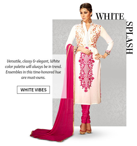 A lovely collection of Sarees, Salwar Suits, Lehenga Cholis & more in White hue. Shop Now!