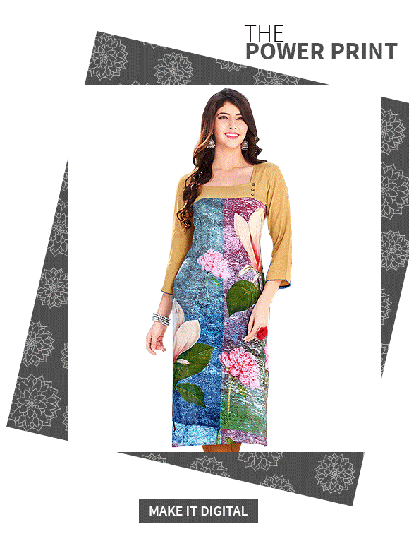 Gorgeous Sarees, Salwar Suits, Lehenga Cholis & more in Digital Print. Shop Now!
