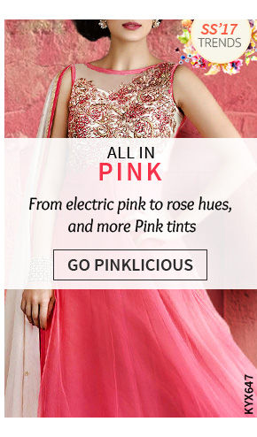 Ensembles from India in blushing pink, electric pink, rose hues, neon pink, petal pink & more. Shop! 
