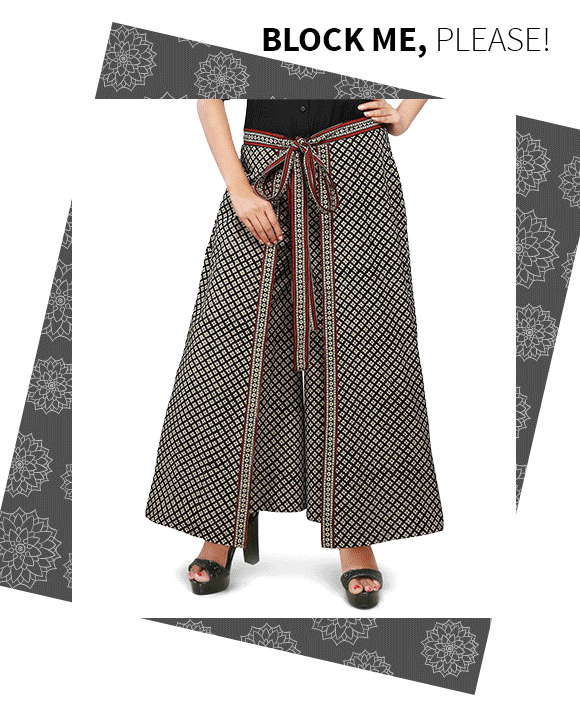 A lovely array of Block Printed Dhoti Pants, Skirts, Palazzos, Trousers & more. Buy Now!