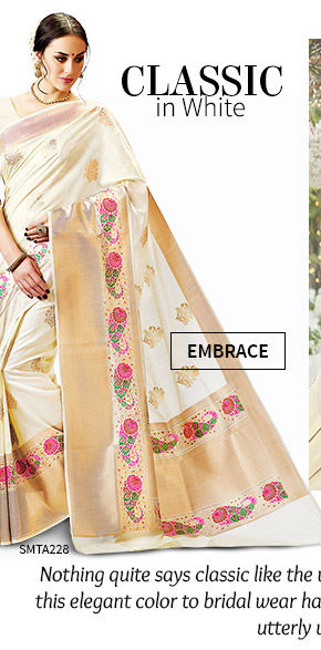 A lovely collection of Sarees in White hue. Shop Now!