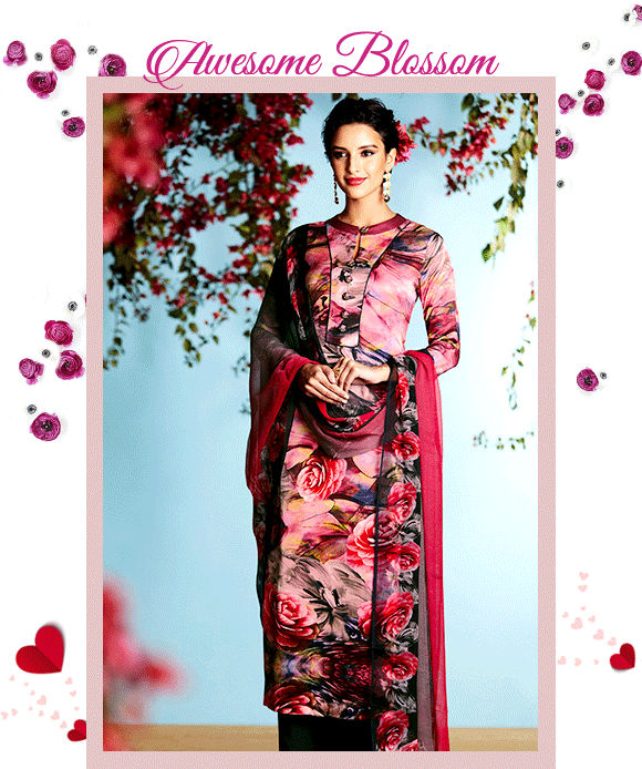 A myriad of Pakistani Suits with Floral motifs. Buy Now!