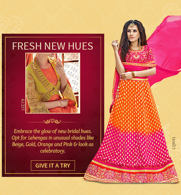 Choose from our wide array of Lehenga Cholis in Beige, Gold, Orange & more. Shop Now!