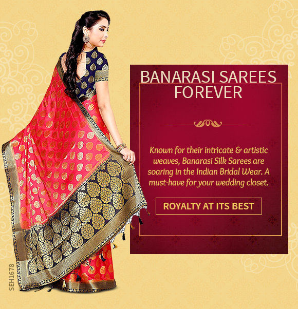 A gorgeous repertoire of Banarasi Silk Sarees. Shop Now!