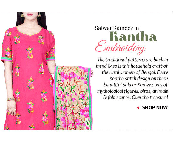 An inspiring range of Salwar Kameez splashed with Kantha work. Buy Now!