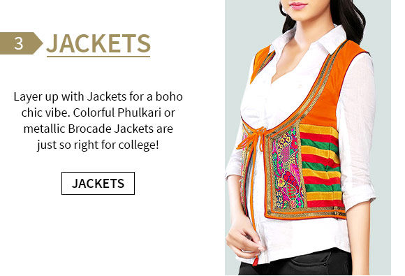 An array of Jackets with Phulkari Work, Quilted or Brocade styles for the campus. Shop!