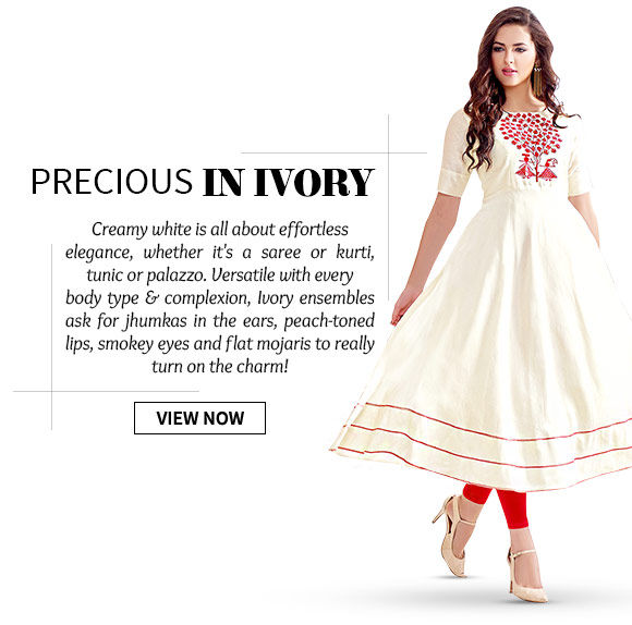 Take a look at our vast range of Kurtis, Tunics, Palazzos & more in ivory hue. Shop Now!