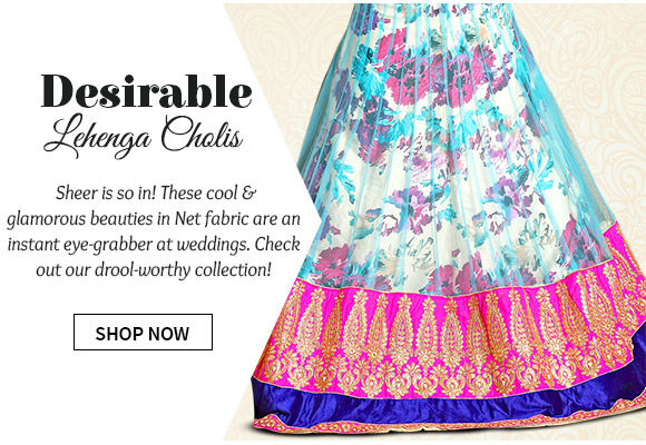 Pick your favorite from our stunning Collection of Lehenga Cholis in Net fabric. Buy Now! 