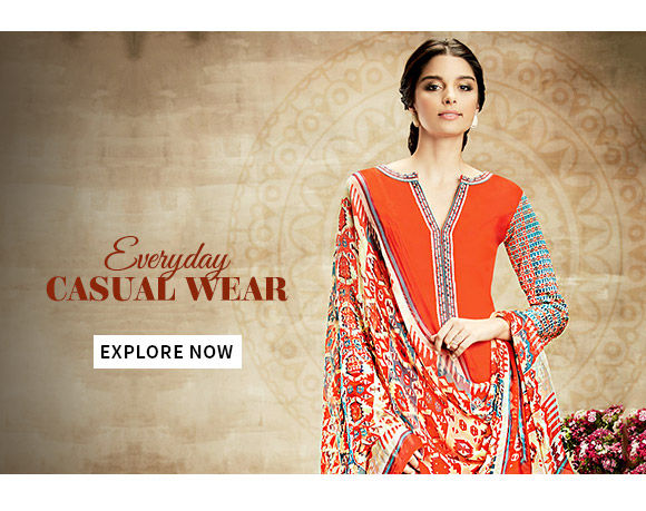 Casual Wardrobe of Printed Sarees, Straight Suits, Skirts, Earrings & more. Shop!