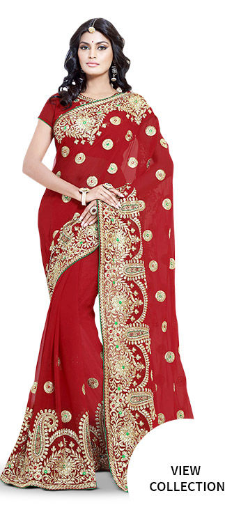 New Arrivals in Georgette Sarees in maroon & red hues. Buy Now!