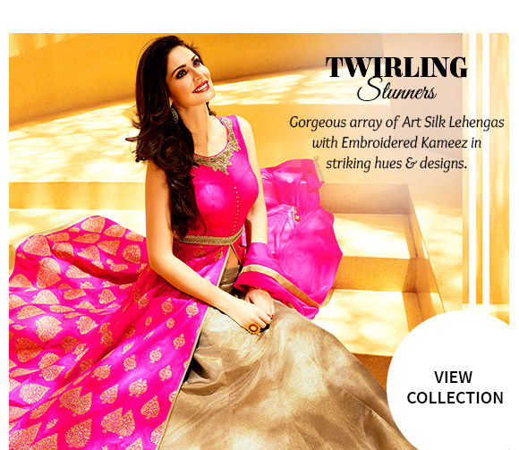 New Arrivals in Art Silk Lehengas with Embroidered Kameez. Buy Now!