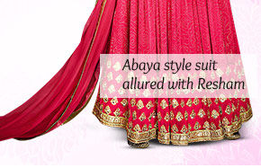 Abaya style suit allured with Resham. Shop Now!