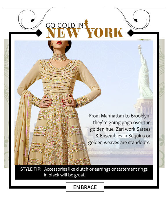 Select from our lovely Collection of Sarees, Salwar Kameez, Lehenga Cholis & more in gold. Buy Now!