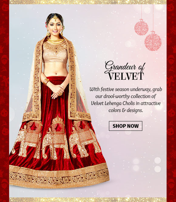 A myriad of Velvet Lehenga Cholis in attractive hues & styles. Buy Now!