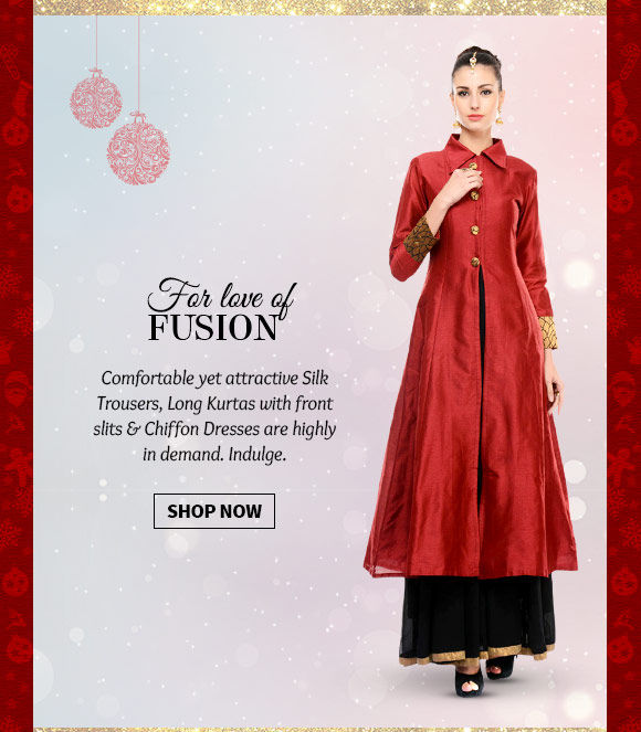 A lovely collection of Silk Trousers, Long Kurtas with front slits & Chiffon Dresses. Buy Now 