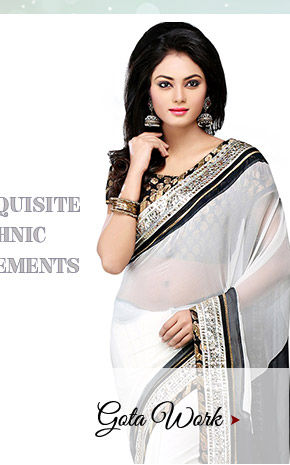 Gota & Patch work on Georgette Sarees, Straight Suits, Net Lehengas with Jewelry & more. Shop!