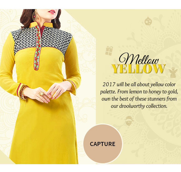 A myriad of stunning Sarees, Salwar Suits, Jewelry, Indo-western & more in yellow hue. Buy Now!