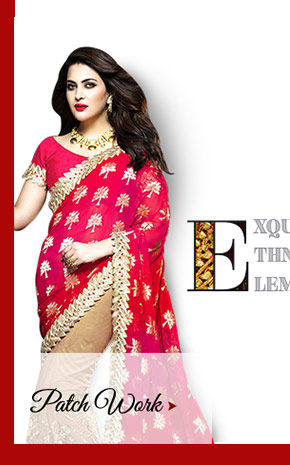Gota & Patch work on Georgette Sarees, Straight Suits, Net Lehengas with Jewelry & more. Shop!