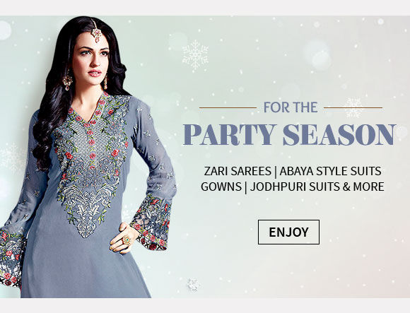 New Year Party Mix: Zari Sarees, Abaya style Suits, Gowns, Jodhpuri Suits & more. Explore!