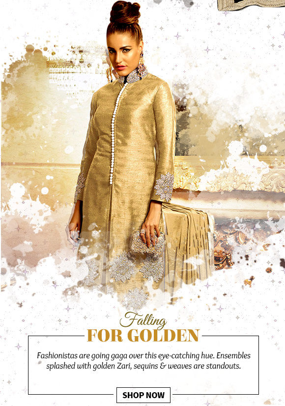 Select from our lovely Collection of Sarees, Salwar Kameez, Lehenga Cholis & more in gold. Buy Now!
